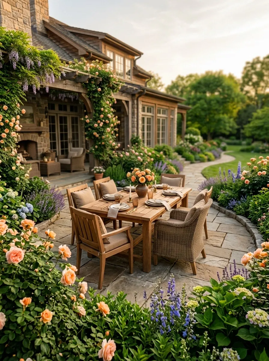 Peach and Apricot Rose Garden Around a Stone Patio
