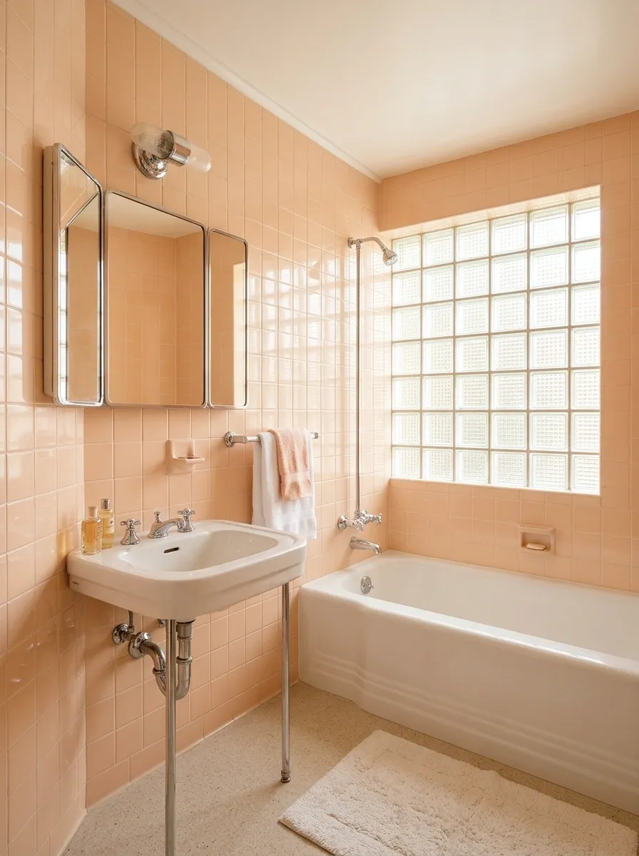 Peach Bathroom With a Corner Basin and a Glass-Block Window