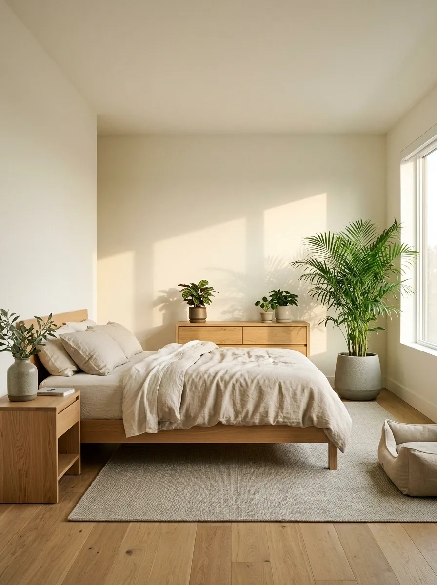 Pet-Aware Greenery Bedroom With Clear Floors and Stable Planters