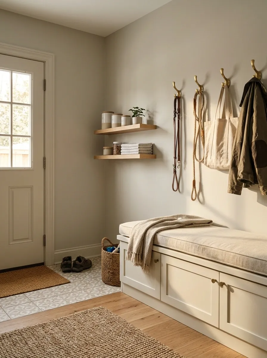 Pet-Friendly Arrival Corner With a Bench and a Contained Cleaning Shelf