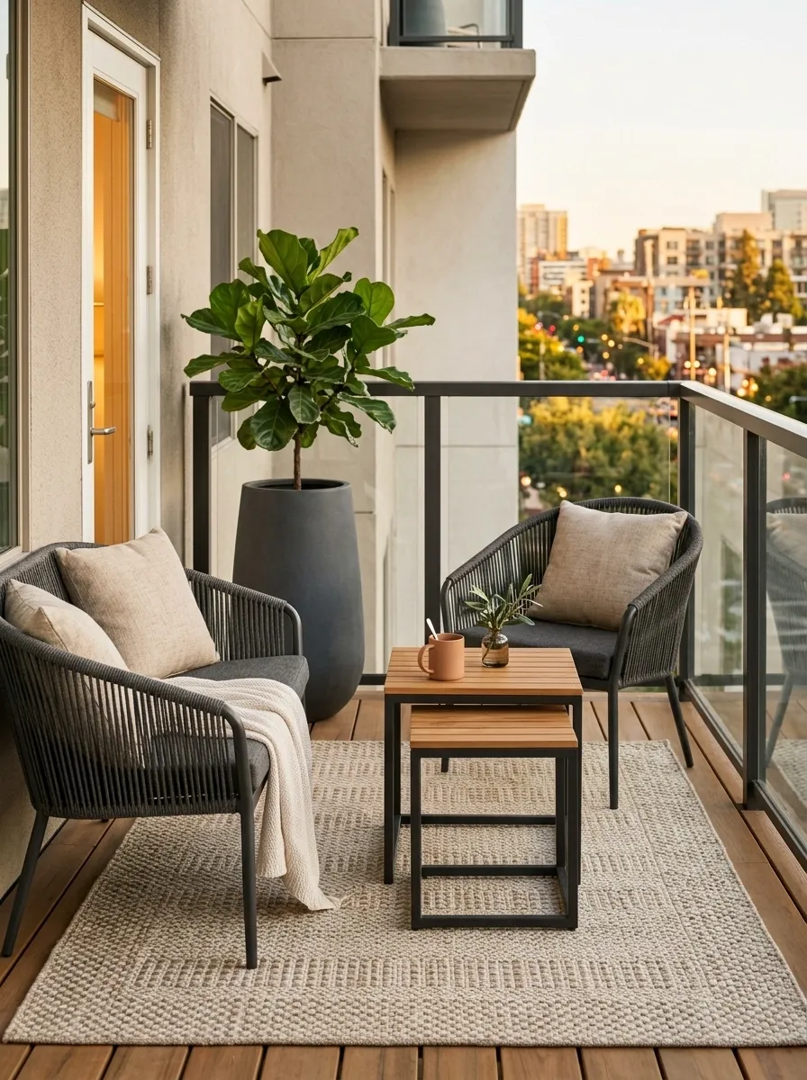 Petite Balcony With Two Small Armchairs and a Nesting Table