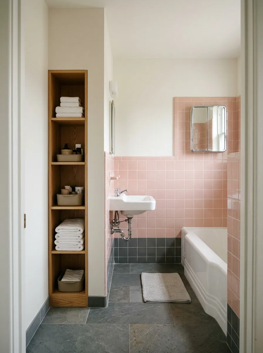 Pink-and-Gray Bathroom With a Wall-Hung Basin and a Slim Linen Cupboard