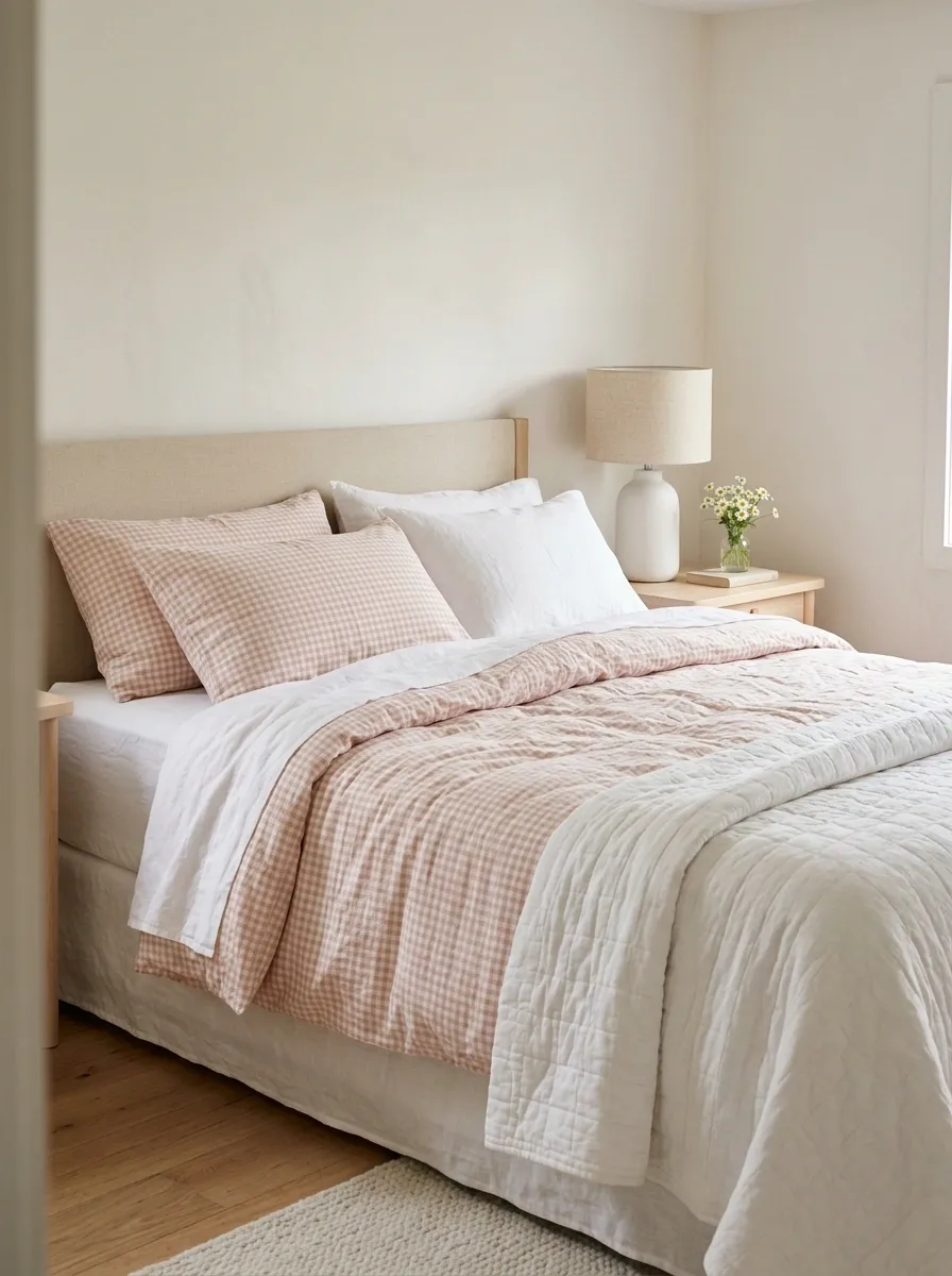Pink Gingham Bedding With Soft White Layers