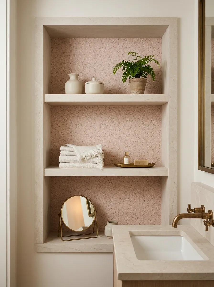Pink Powder Room Shelves With Tiny Botanical Print