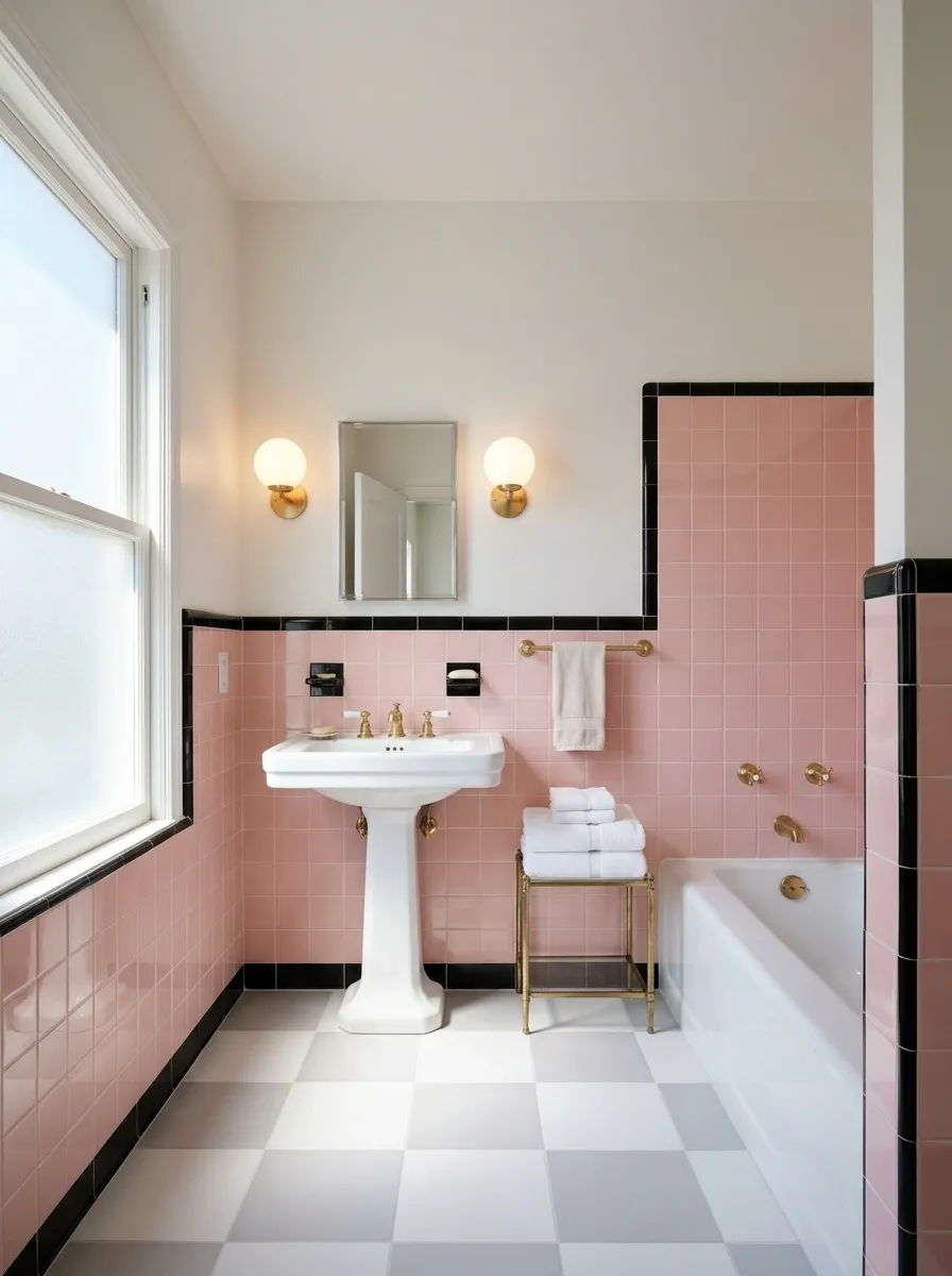 Pink Tile Bathroom With a Black Border and a White Pedestal Basin