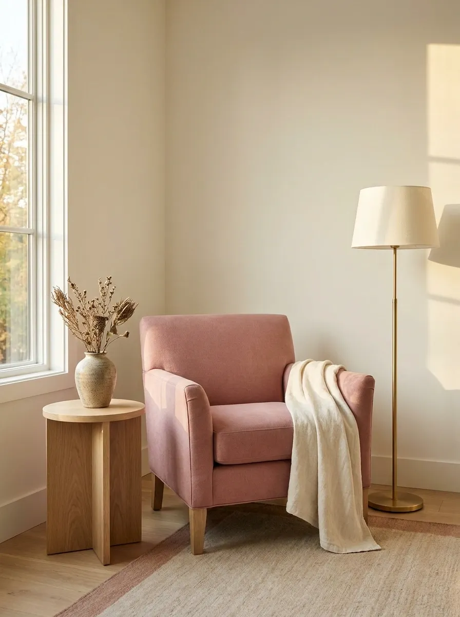 Pink Upholstered Chair in a Soft Feminine Bedroom