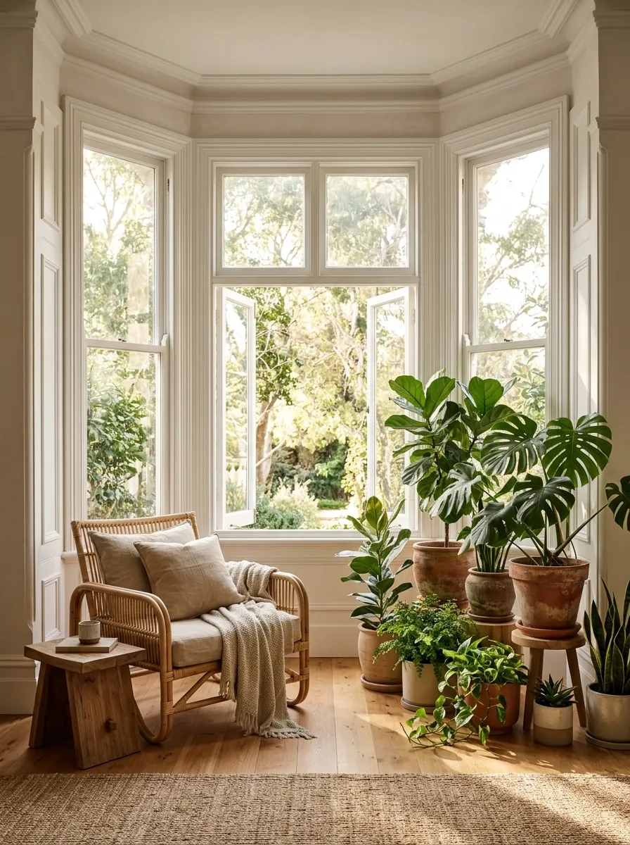 Plant-Filled Bay Window With Layered Greenery and a Natural Lounge Chair