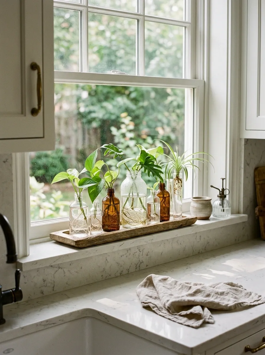Plant Propagation Window With Glass Vessels and Visible Roots