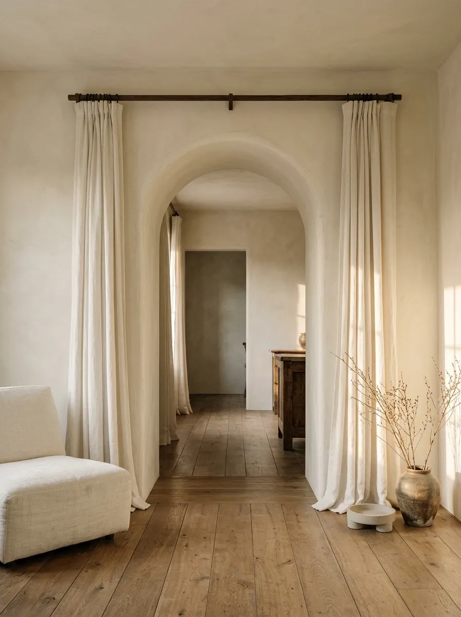 Plaster Arch, Timber Curtain Rod, and Full Linen Panels in a Warm European Interior