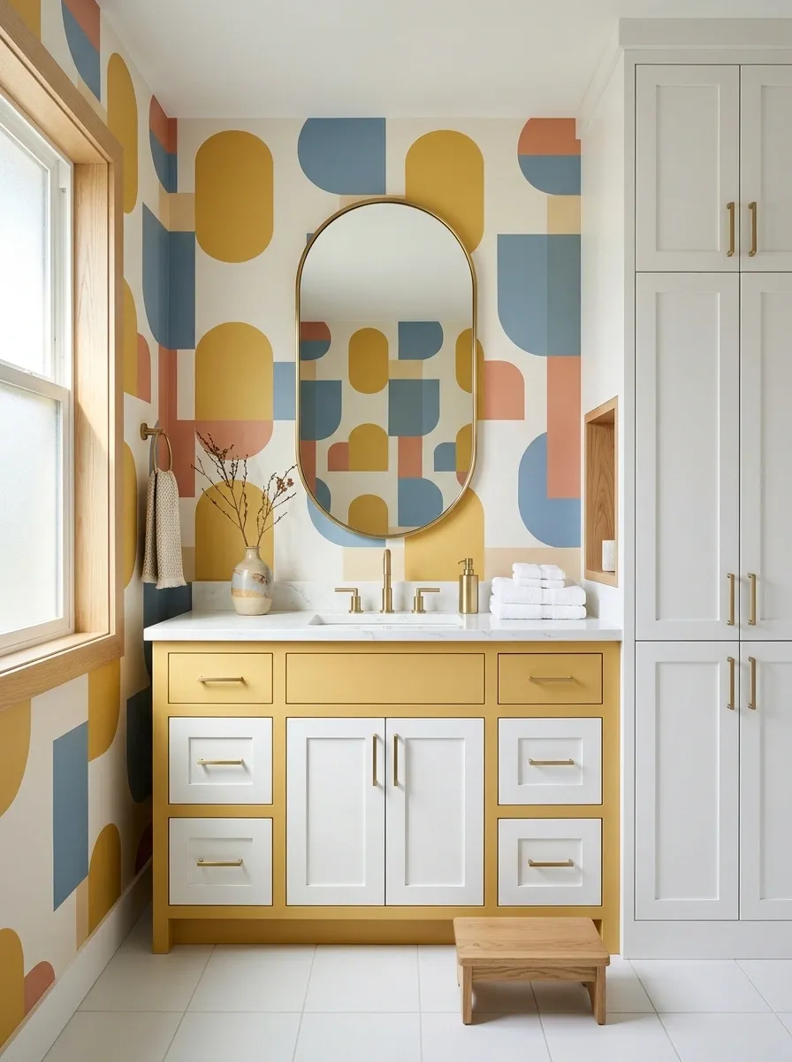 Playful Color-Block Wallpaper in a Family Bathroom