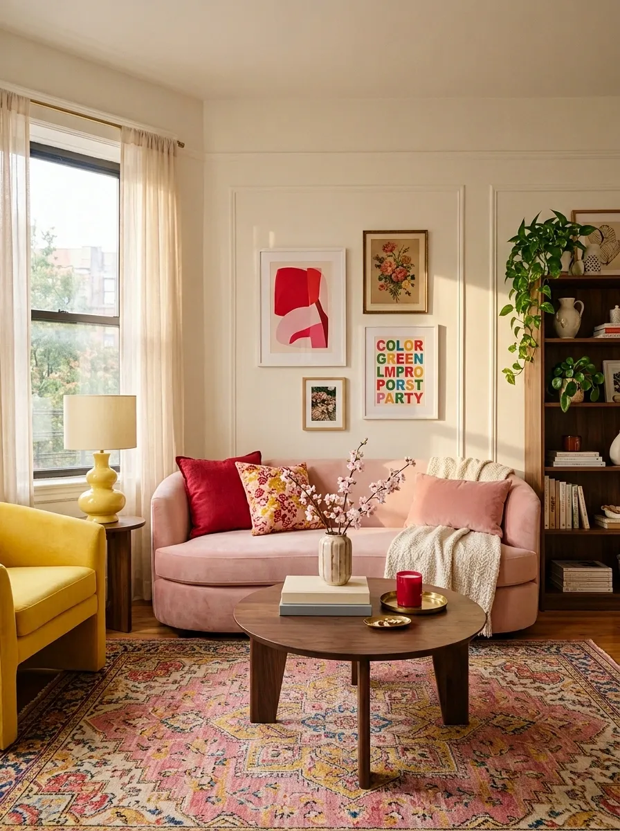 Playful Colorful Apartment With Pink, Butter Yellow, and Red Accents