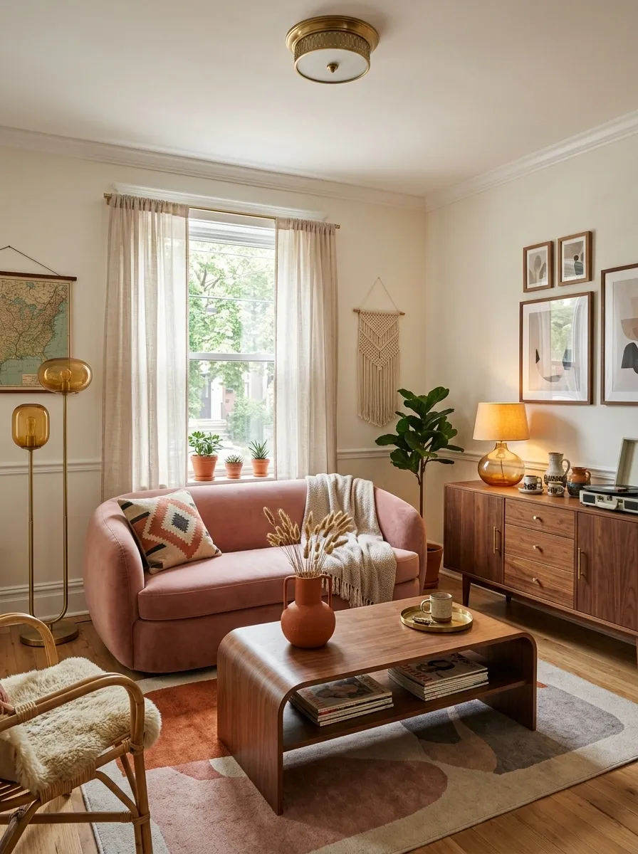Playful Retro Apartment With Pink, Orange, and Walnut Furniture