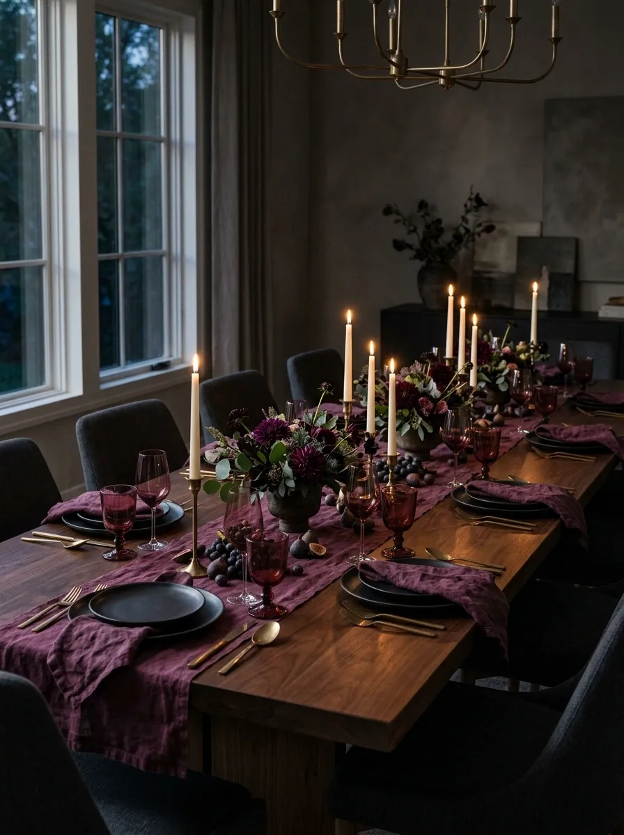 Plum and Ink Tablescape With Dramatic Candlelight