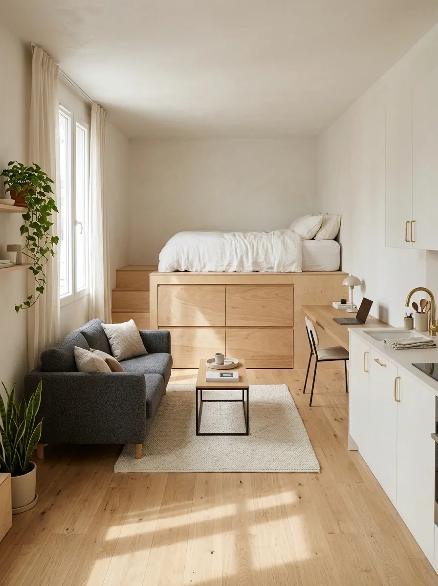 Plywood Studio With a Storage Platform and Open Living Area