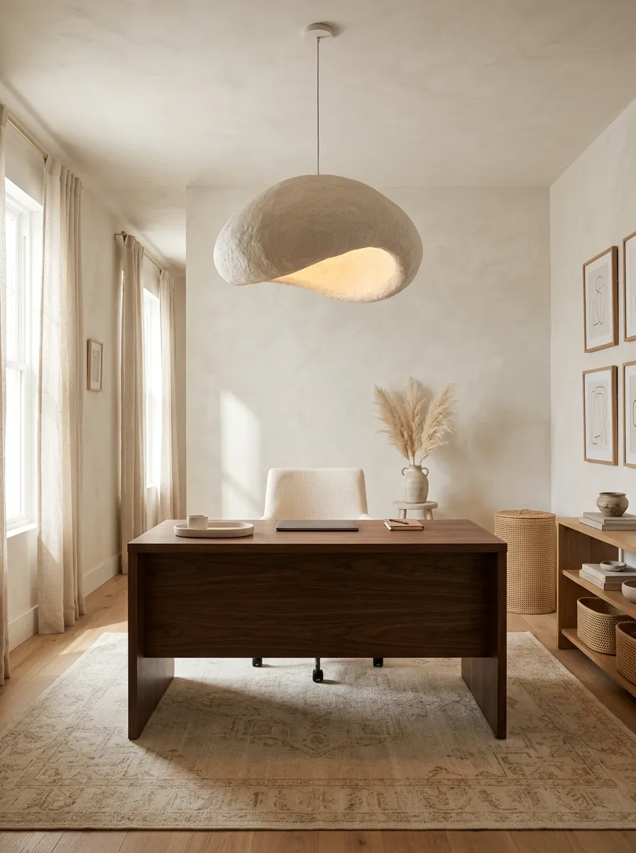 Polished Boho Office With Sculptural Lighting