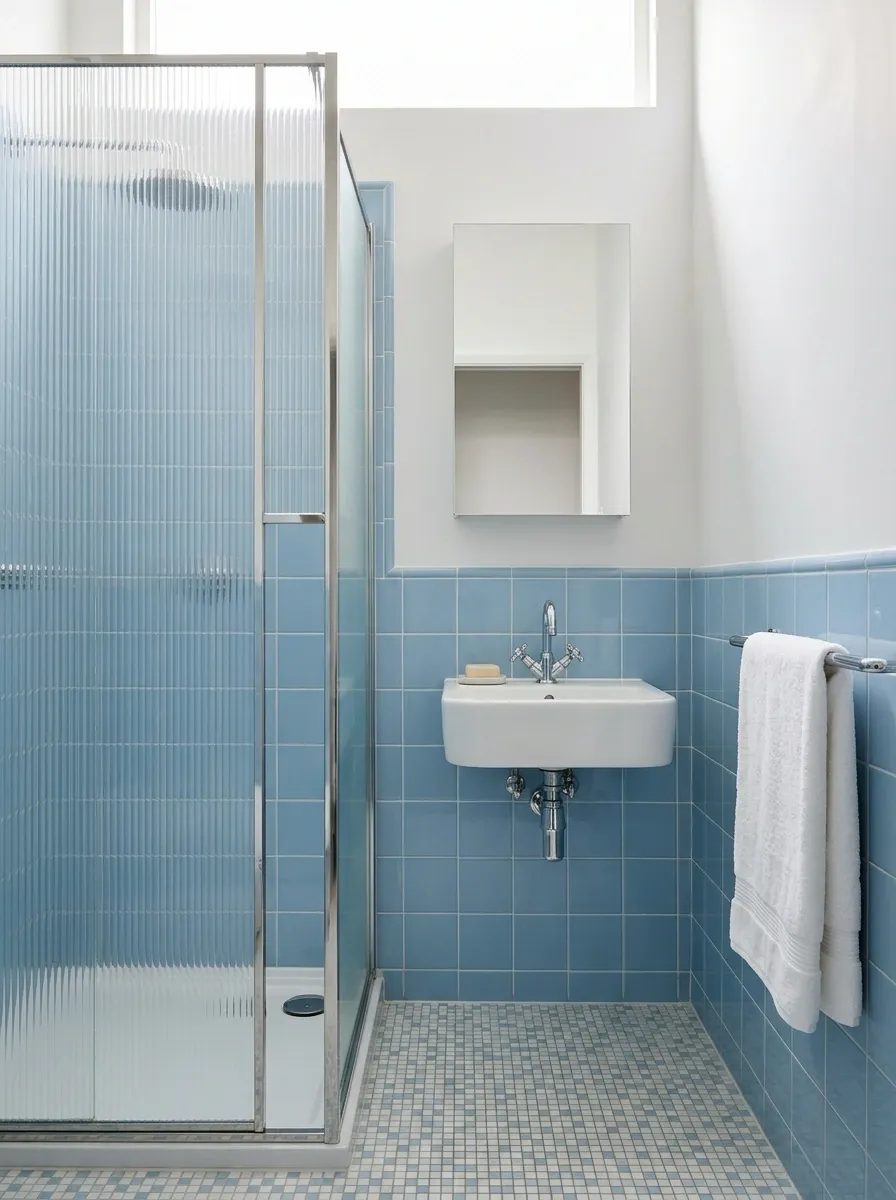 Powder Blue Bathroom With a Ribbed Shower Screen and Small Mosaic Floor