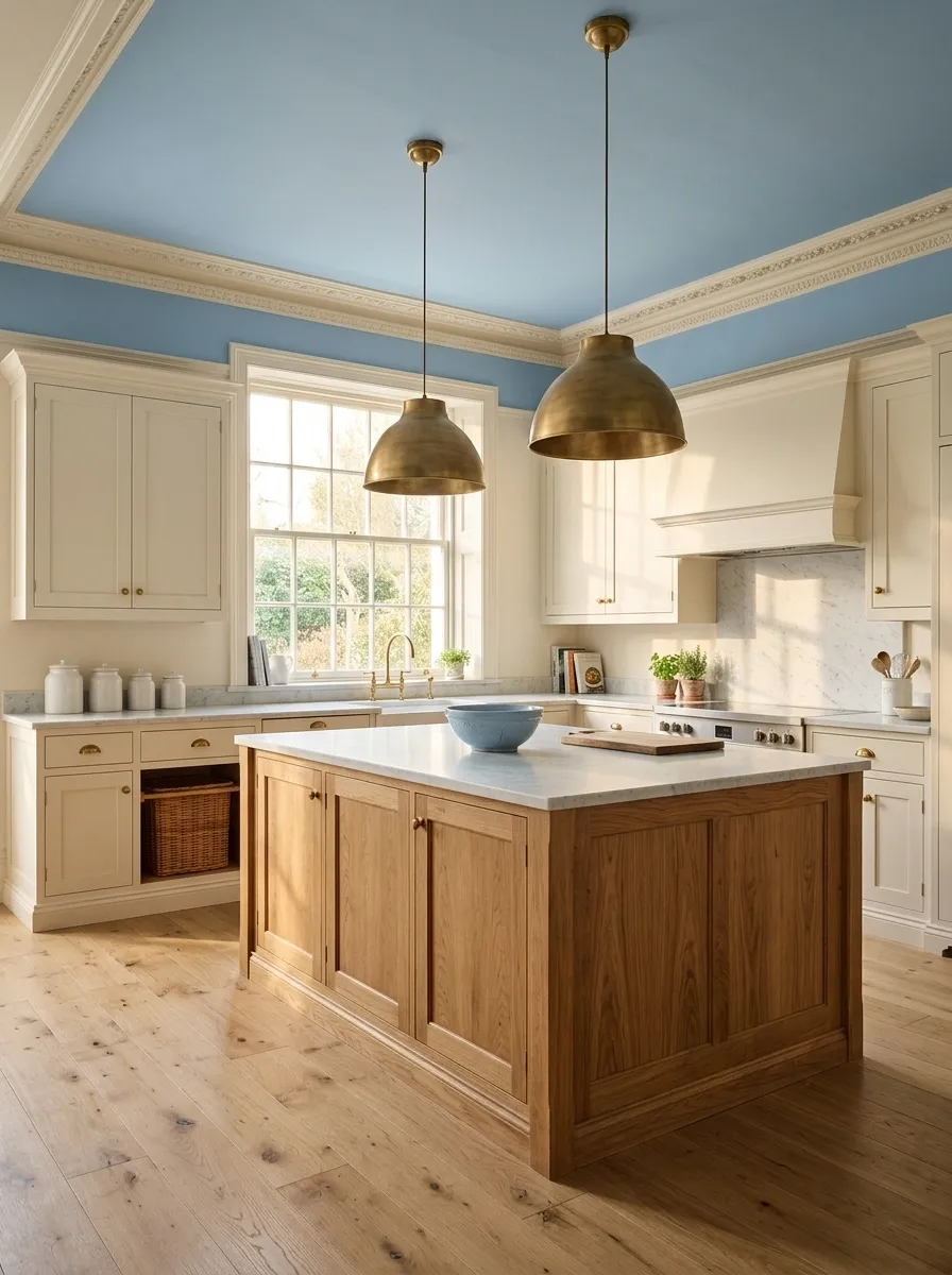 Powder Blue Ceiling in a Classic White Kitchen