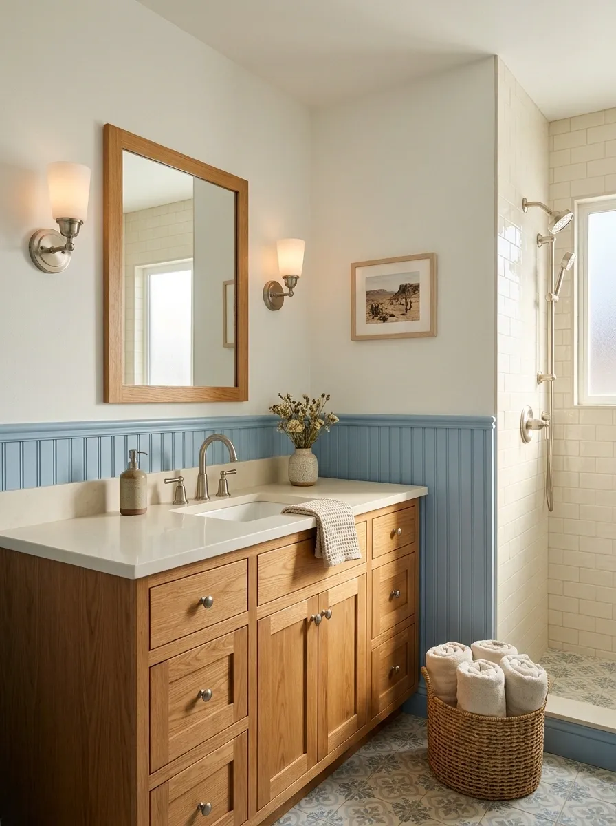 Powder Blue Ranch Guest Bathroom With Honey Oak