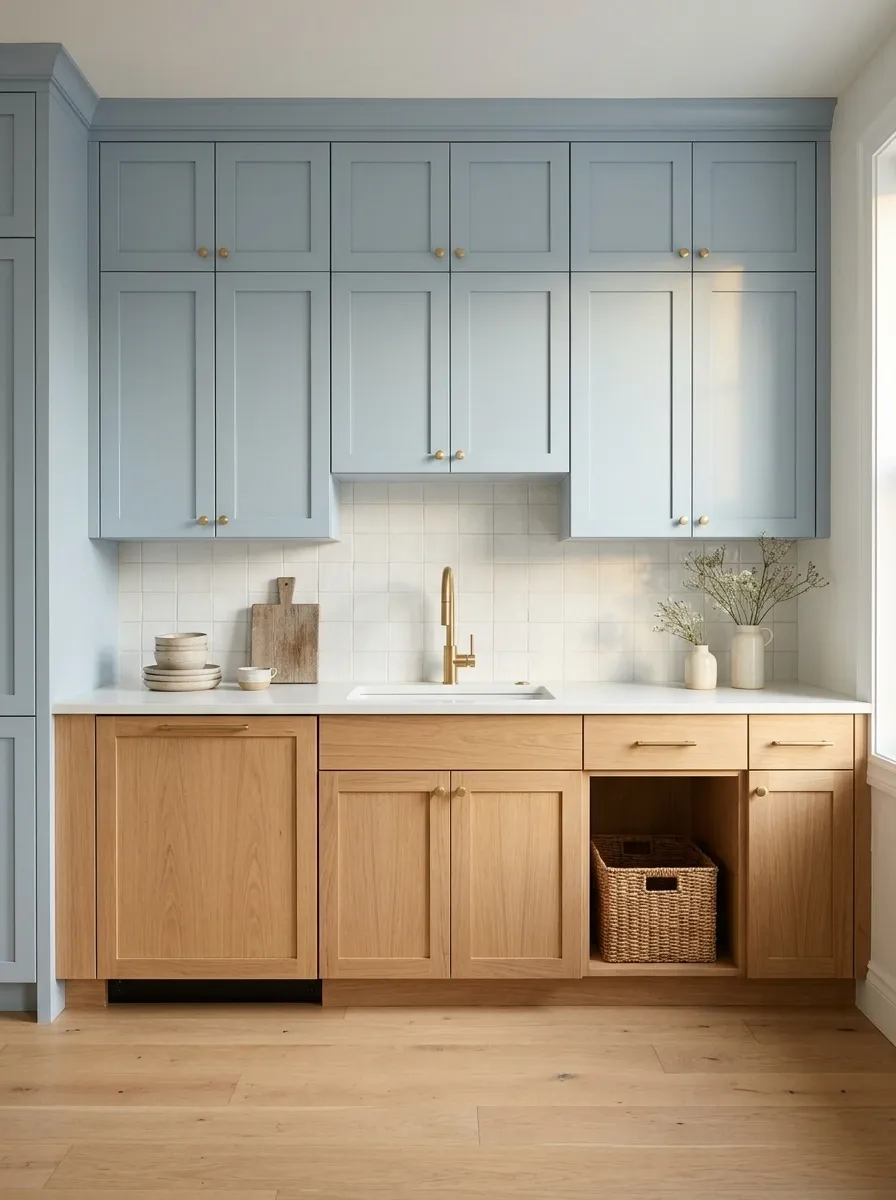 Powder Blue Uppers With Natural Oak Lower Cabinets