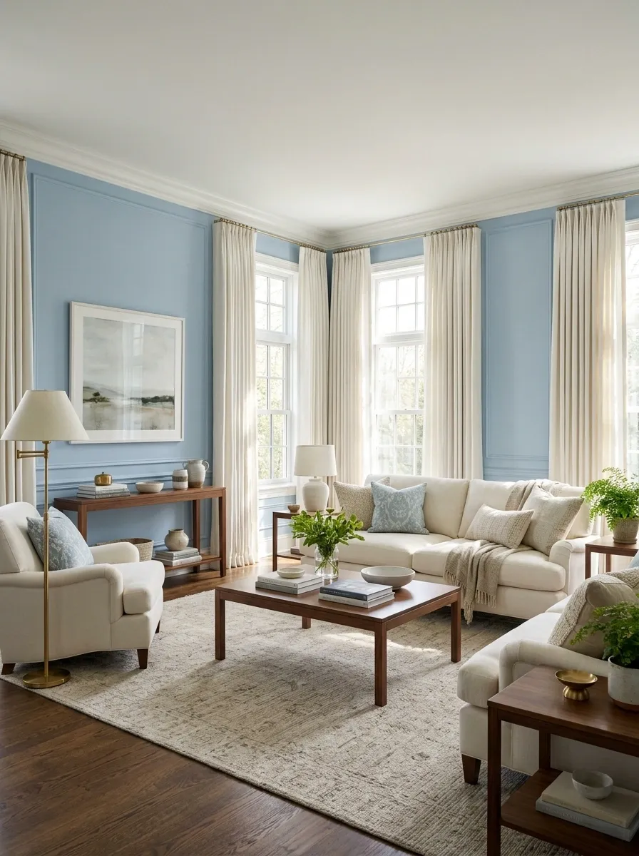 Powder Blue + Walnut for a Light Classic Interior