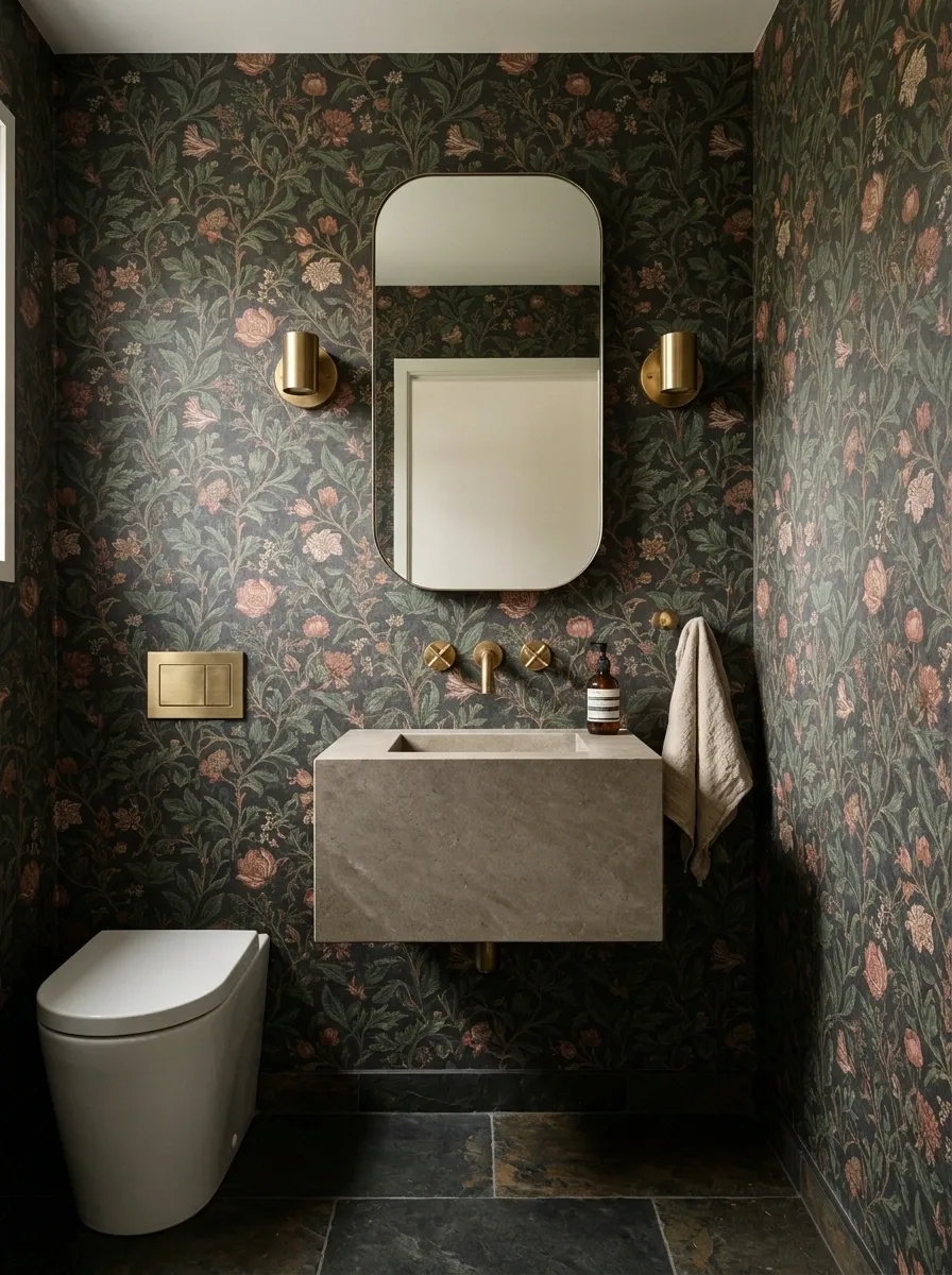 Powder Room With Floral Wallpaper and a Wall-Hung Stone Basin