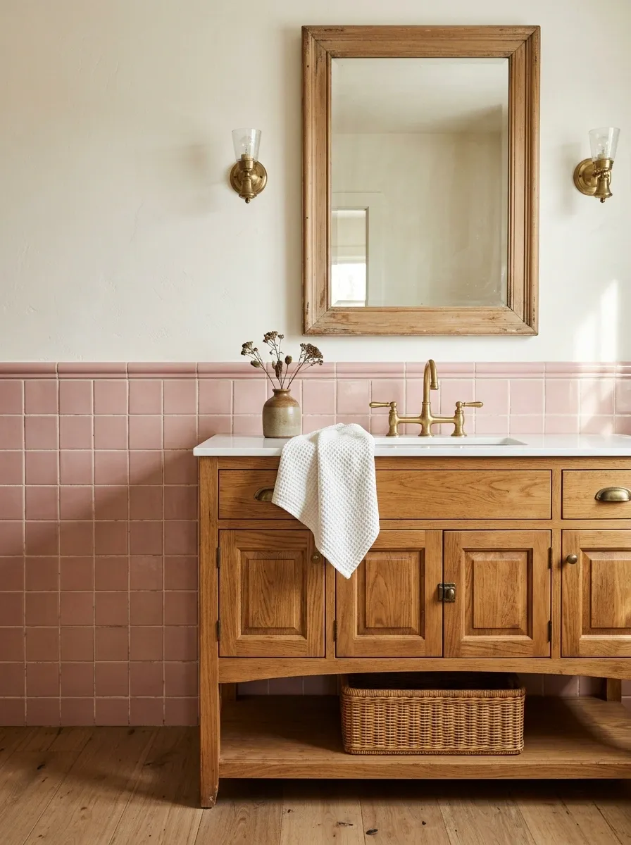Preserved Vintage Pink Tile With Warm Wood and Porcelain