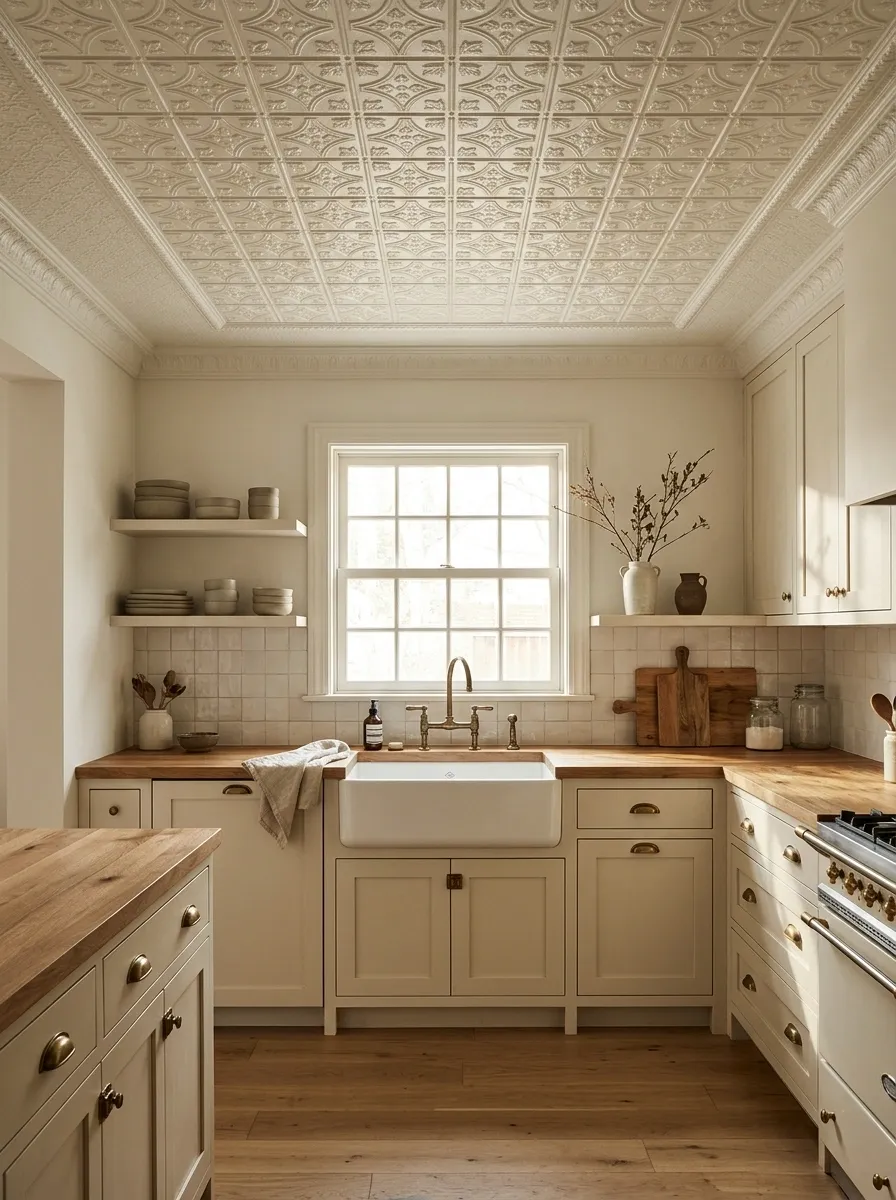 Pressed-Metal Ceiling Tiles in a Vintage-Inspired Kitchen