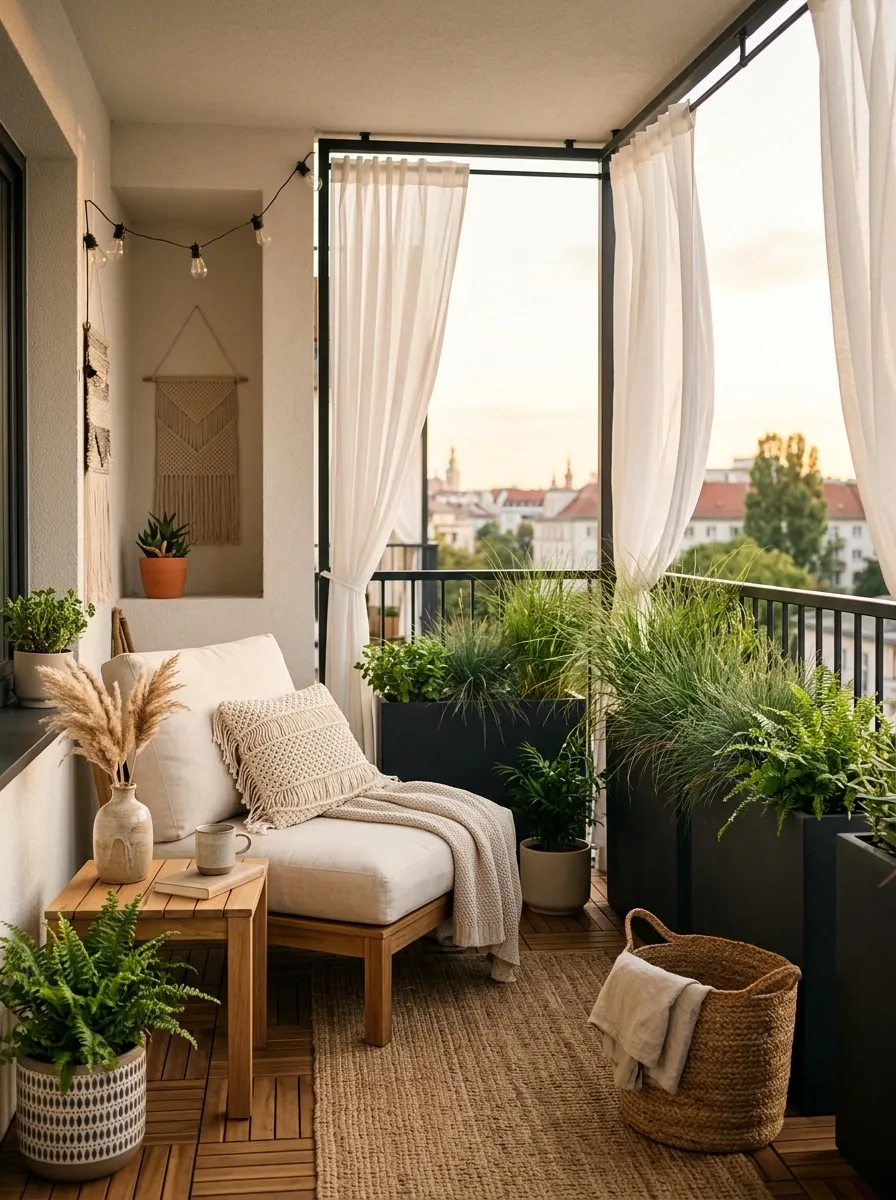 Privacy-Focused Patio With Tall Planters and Breezy Outdoor Curtains