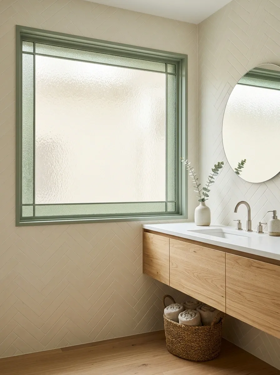 Private Bathroom Window With Opalescent Glass and a Soft Green Border