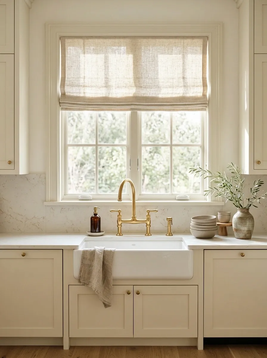 Private Sink Window With a Soft Roman Shade