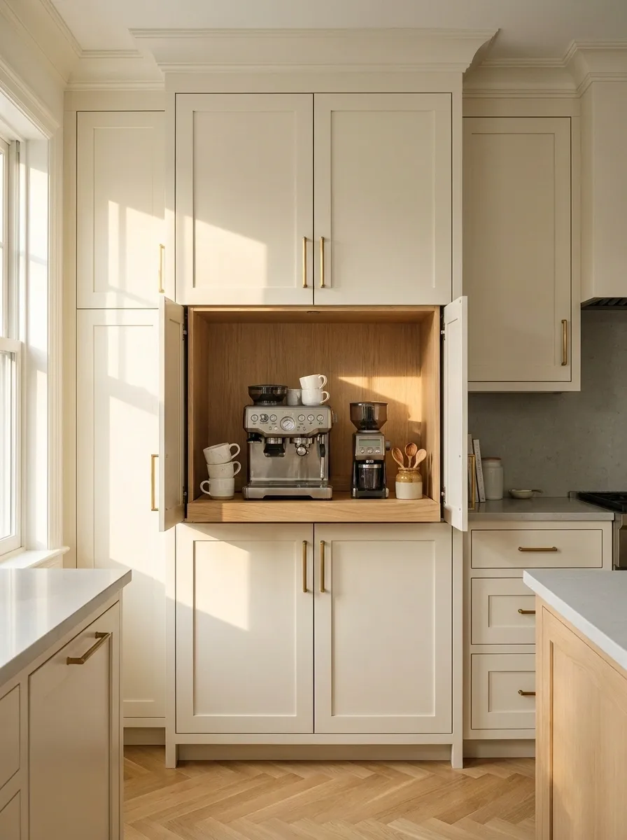 Pull-Out Coffee Station Inside a Tall Kitchen Cabinet