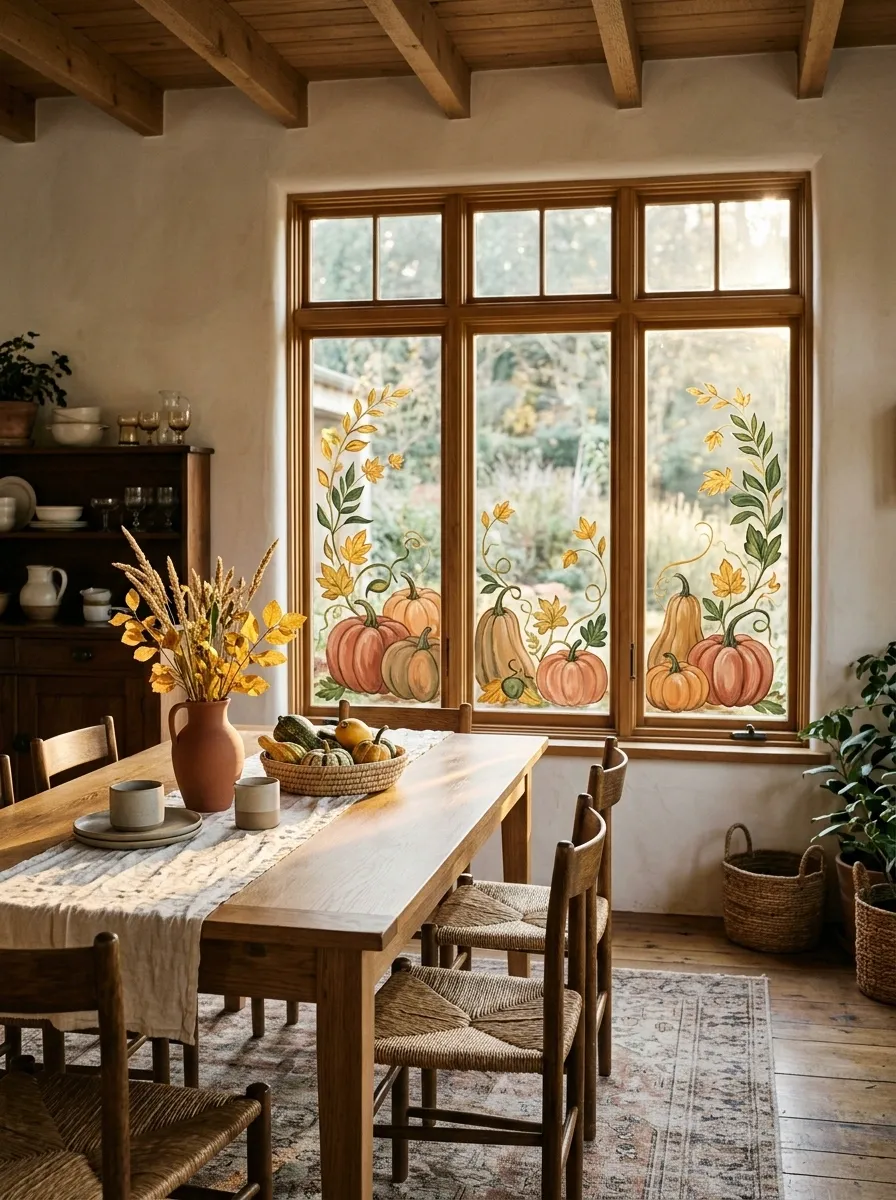 Pumpkins and Golden Leaves for an Autumn Harvest Window