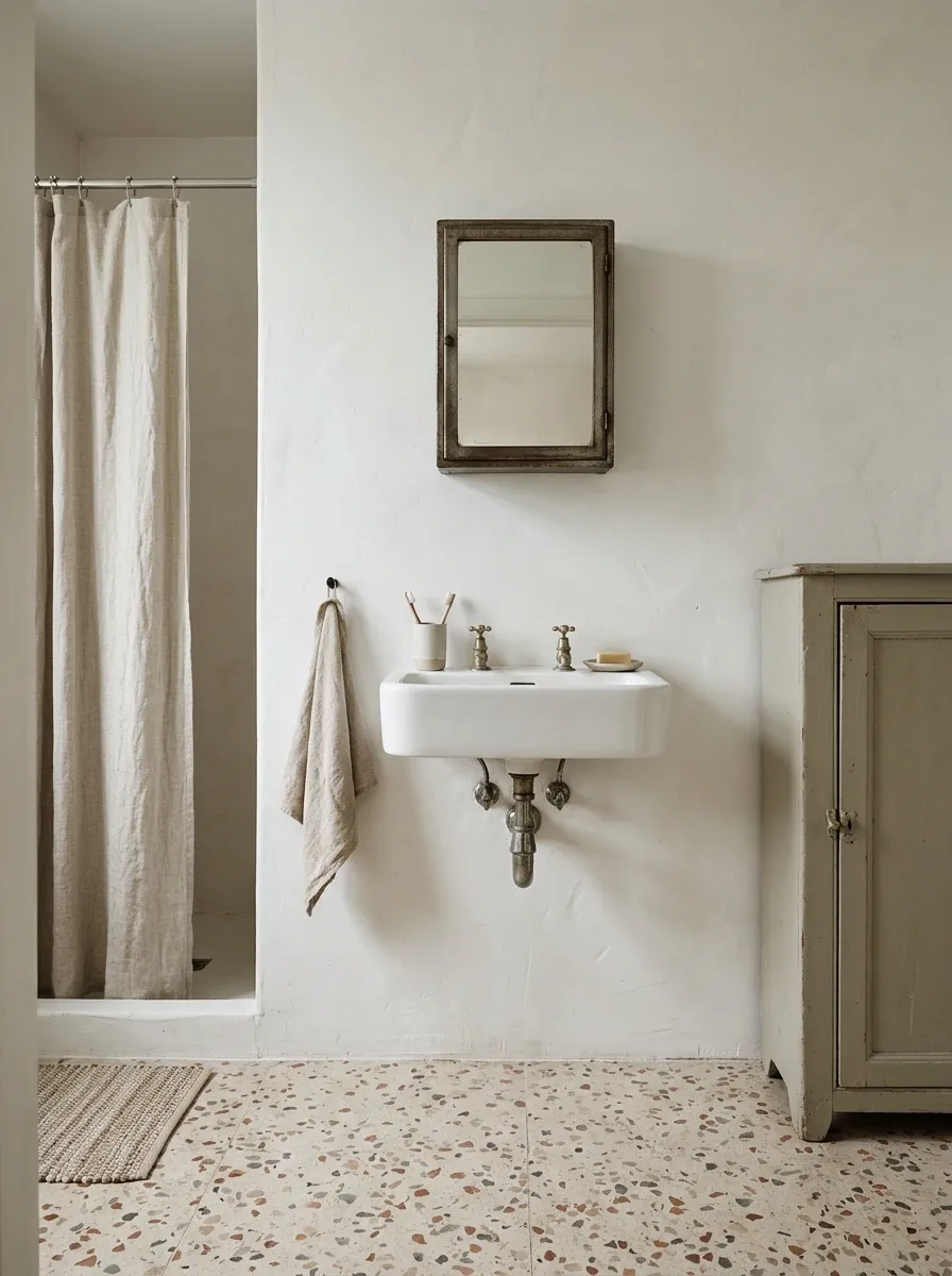 Quiet Bathroom With a Terrazzo Floor and a Vintage Medicine Cabinet