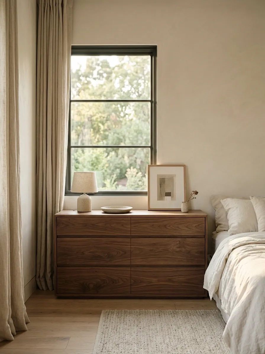 Quiet Bedroom With a Low Walnut Dresser Under the Window