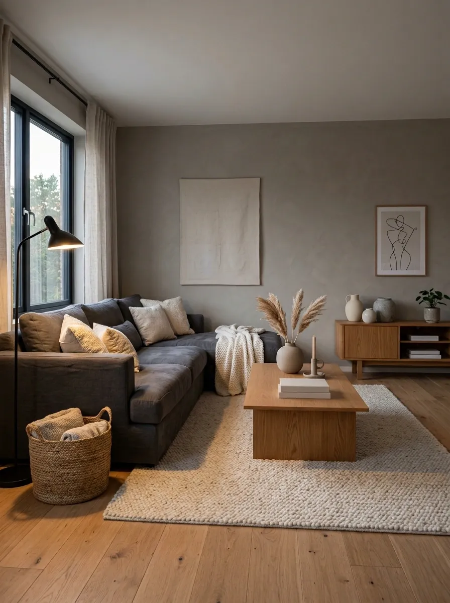 Quiet Gray Living Room With Charcoal Sofa and Warm Wood Accents