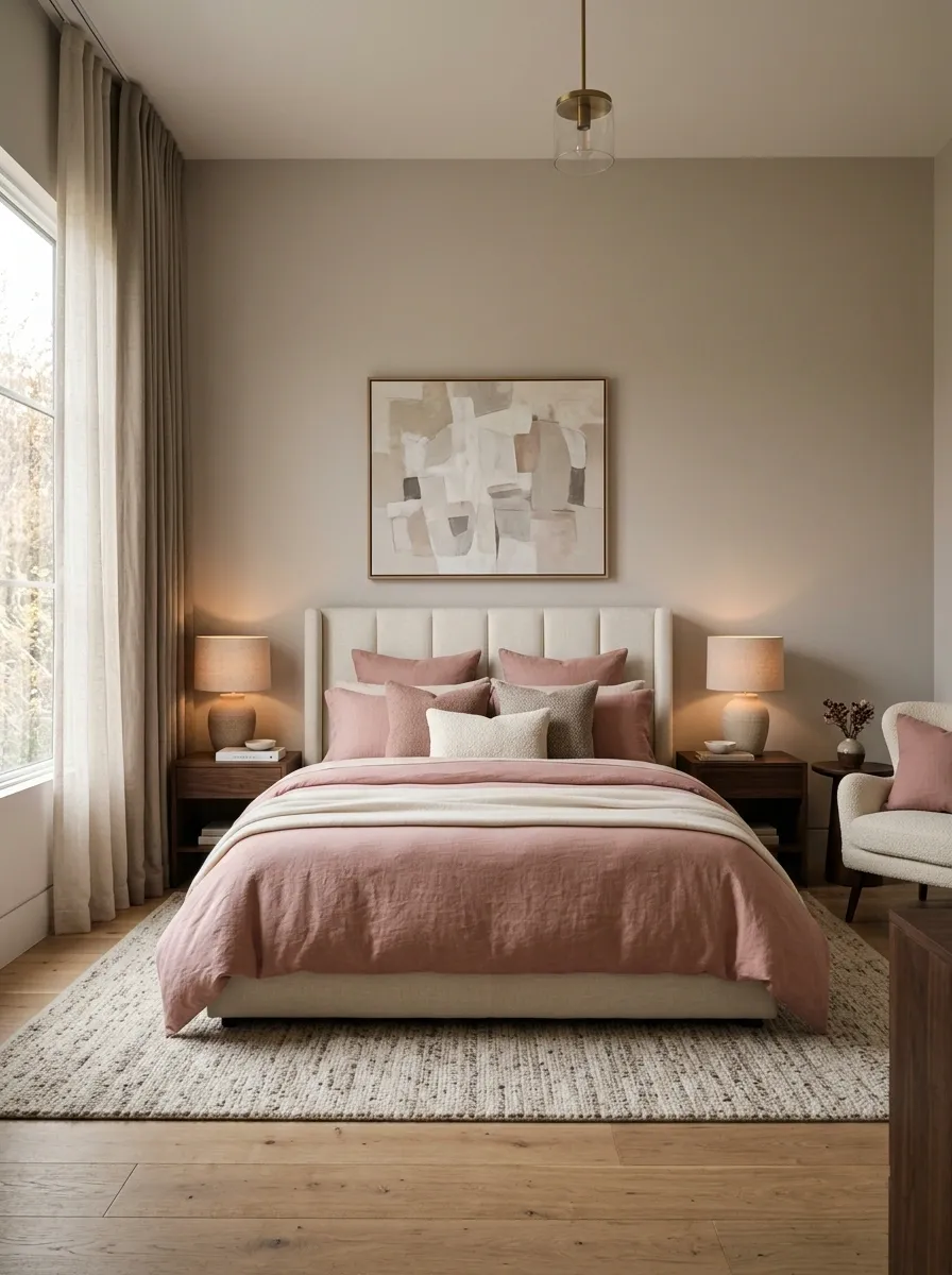 Quiet Luxury Girly Bedroom With Cream Upholstery and Rose Accents