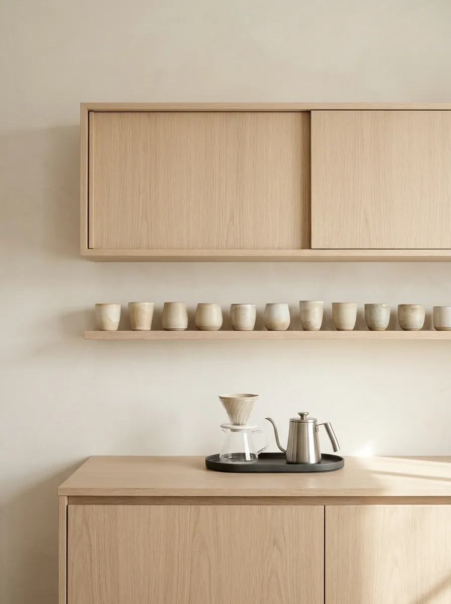 Quiet Timber Tea-and-Coffee Station With a Low Cup Ledge