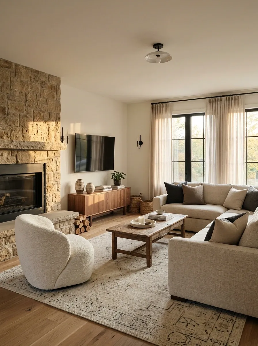 Raised-Hearth Fireplace With a Separate TV Console
