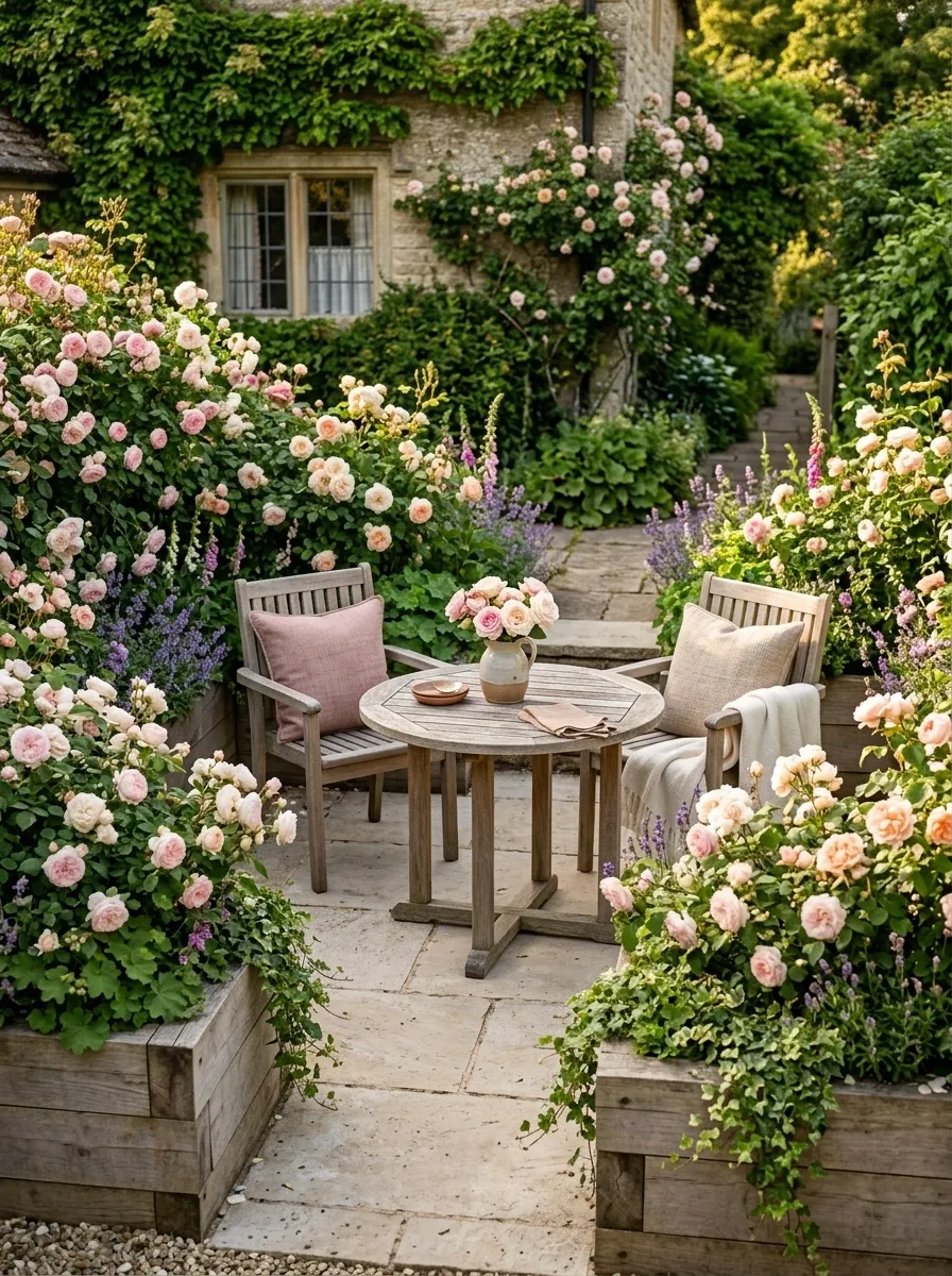 Raised Rose Beds Around a Compact Patio