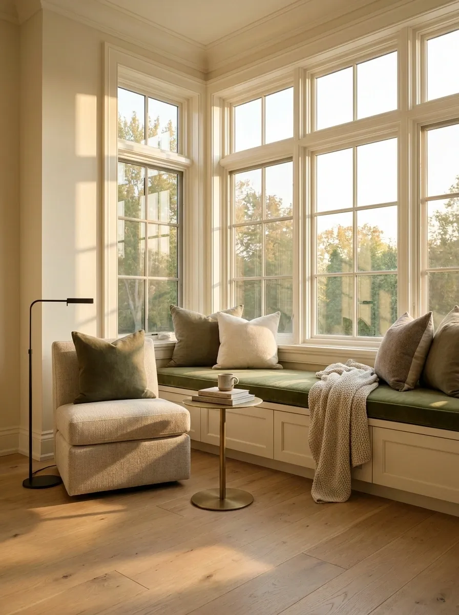 Reading Chair in a Bay Window With Cushioned Bench