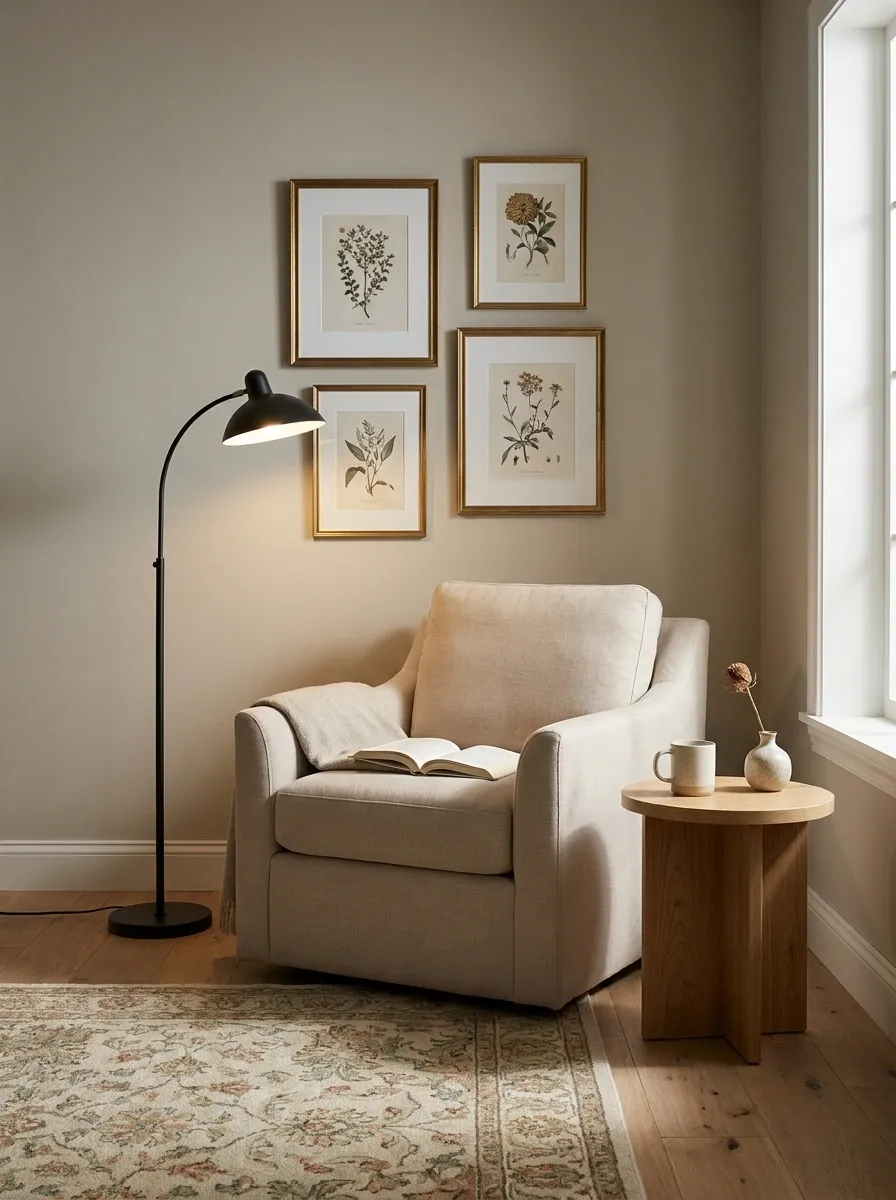 Reading Chair With Gallery Wall and Floor Lamp