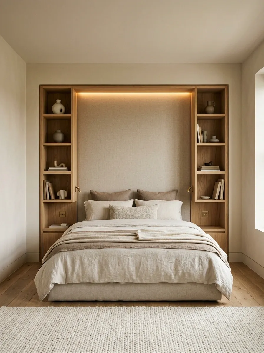 Recessed Bed Alcove With Integrated Shelves and Soft Lighting