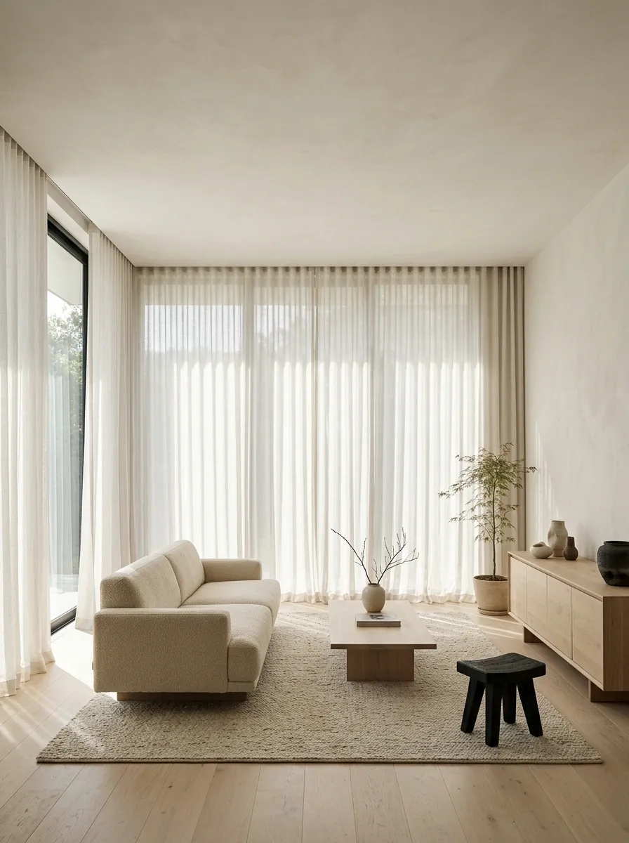 Recessed Ceiling-Track Sheers in a Minimalist Japandi Living Room