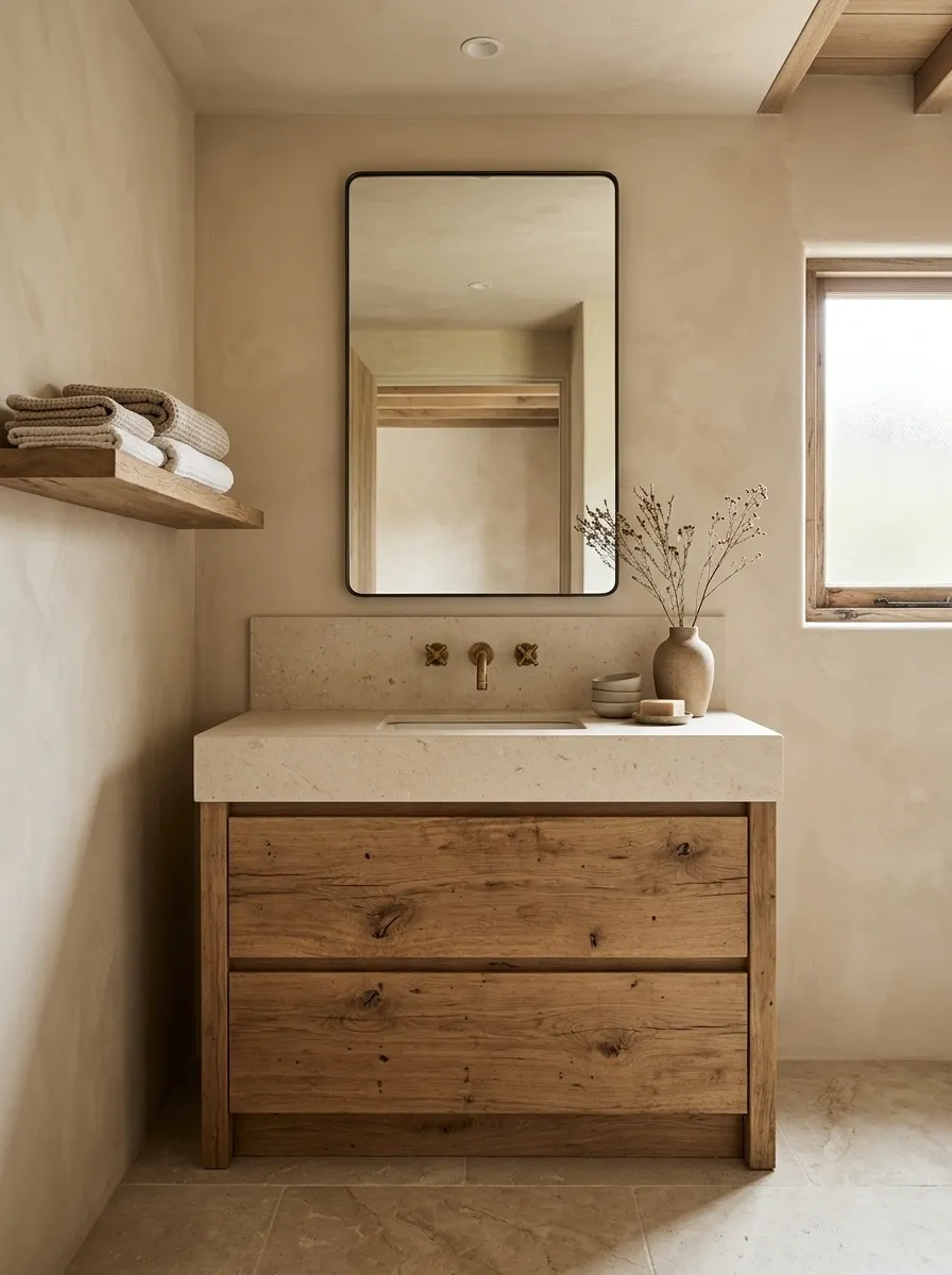 Reclaimed Oak Vanity With Warm Limestone Finishes
