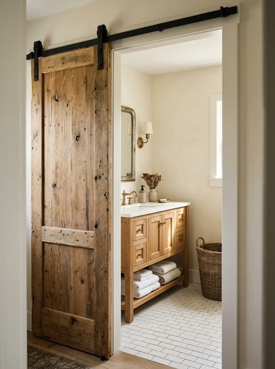 Reclaimed Sliding Door and a Traditional Farmhouse Vanity
