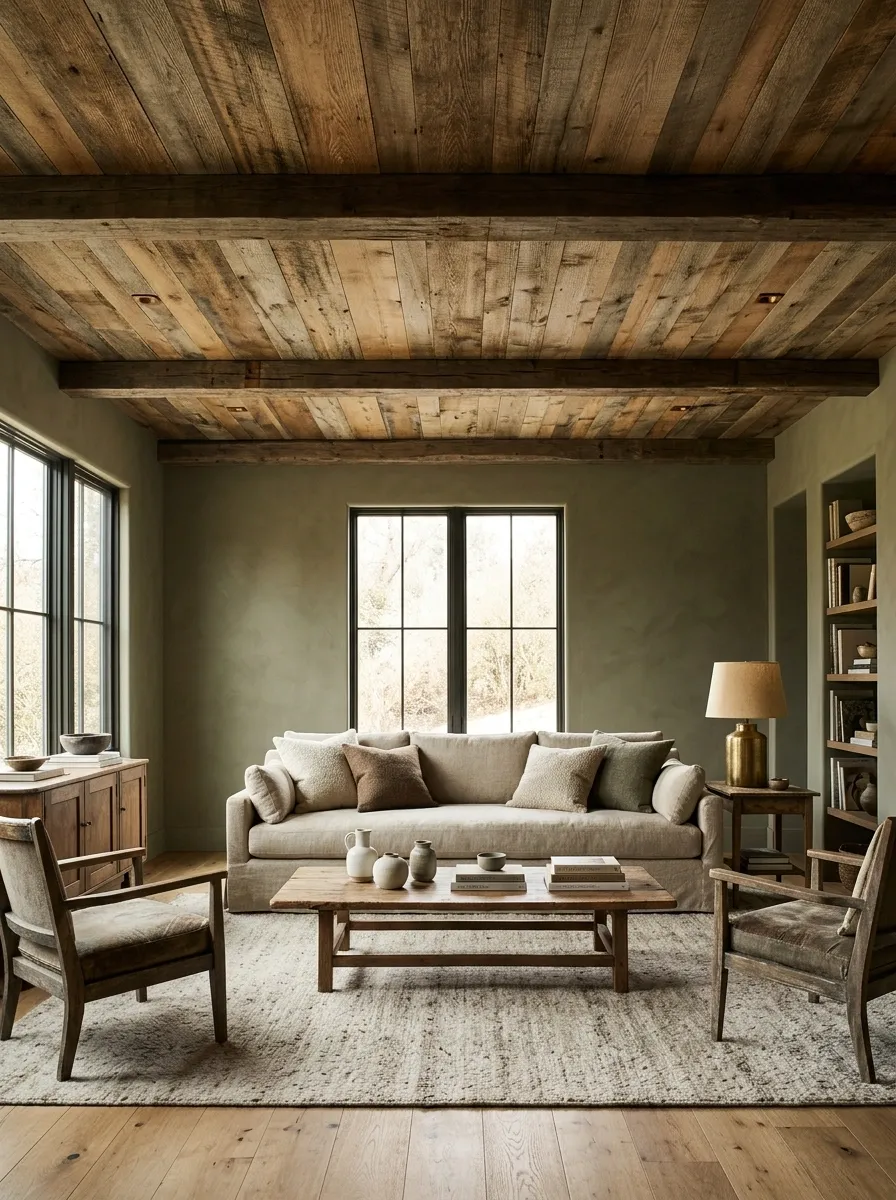 Reclaimed Timber Plank Ceiling in a Rustic Den