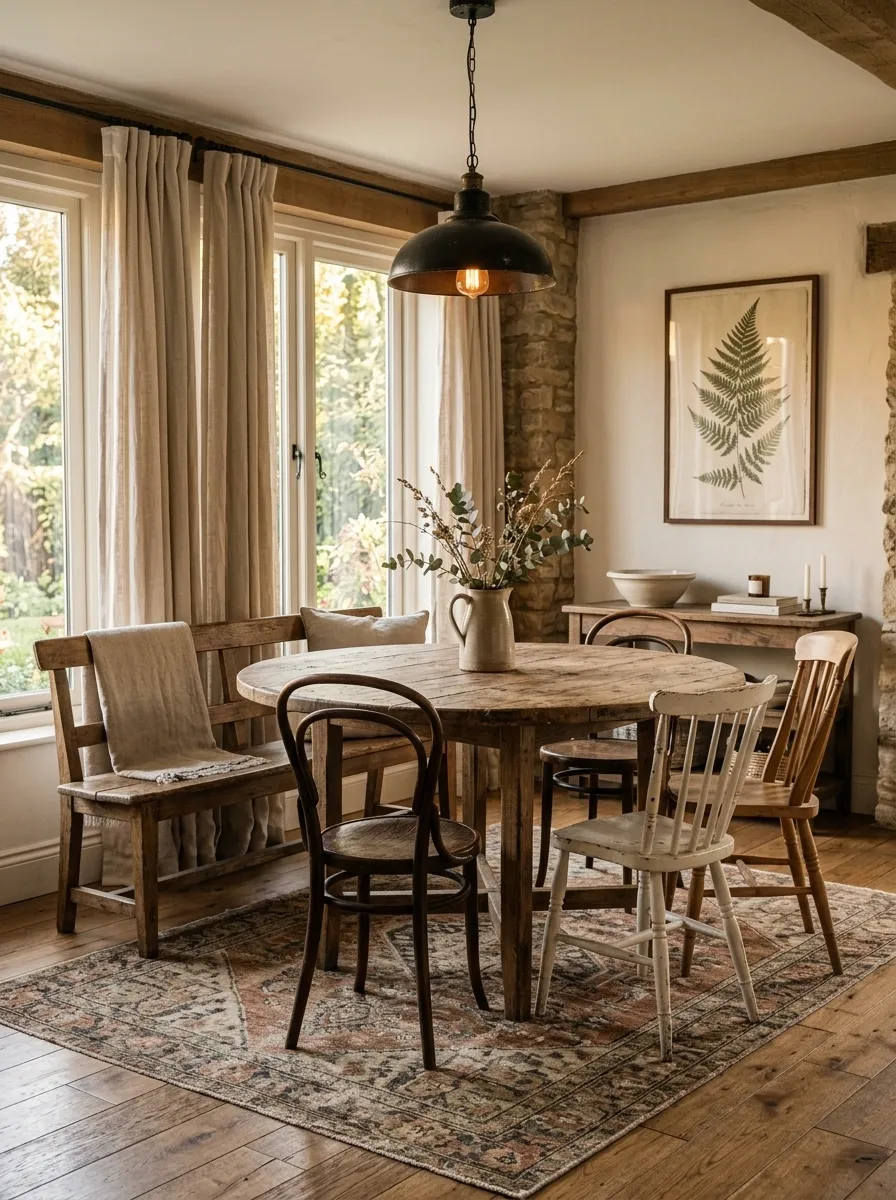 Reclaimed Wood Round Table With Farmhouse Bench and Aged Metal