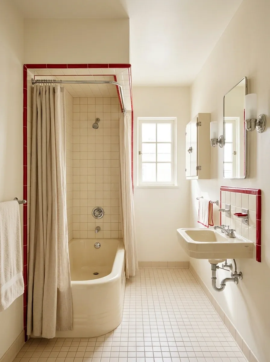 Red-and-Cream Bathroom With a Compact Tub Alcove