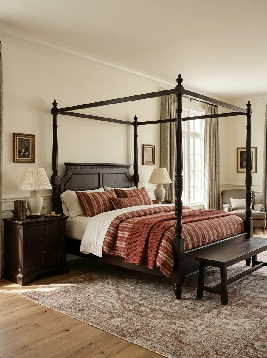 Red and Ivory Stripes on a Traditional Four-Poster Bed