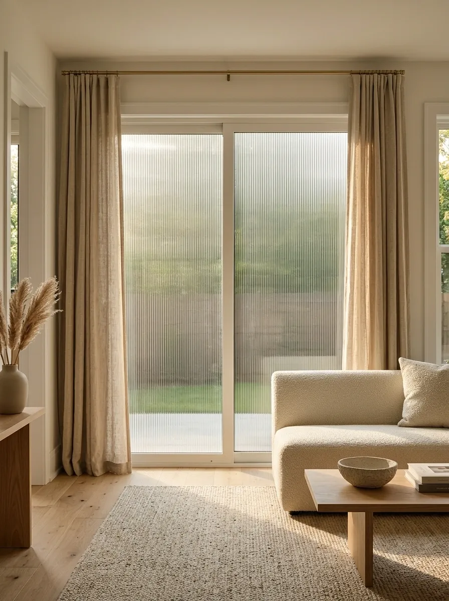 Reeded-Glass Privacy Film With Minimal Linen Drapes